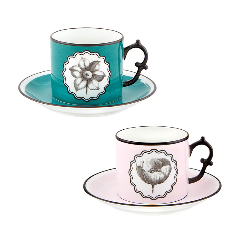 Herbariae Set of 2 Teacup and Saucer, 227ml, Pink & Peacock-0