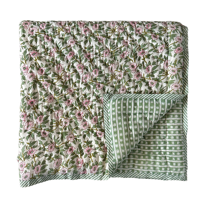 Floral Quilt, Double, Green & Pink-2