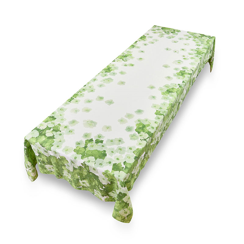 White Hydrangea Linen Tablecloth, 250cm x 165cm, Green-2