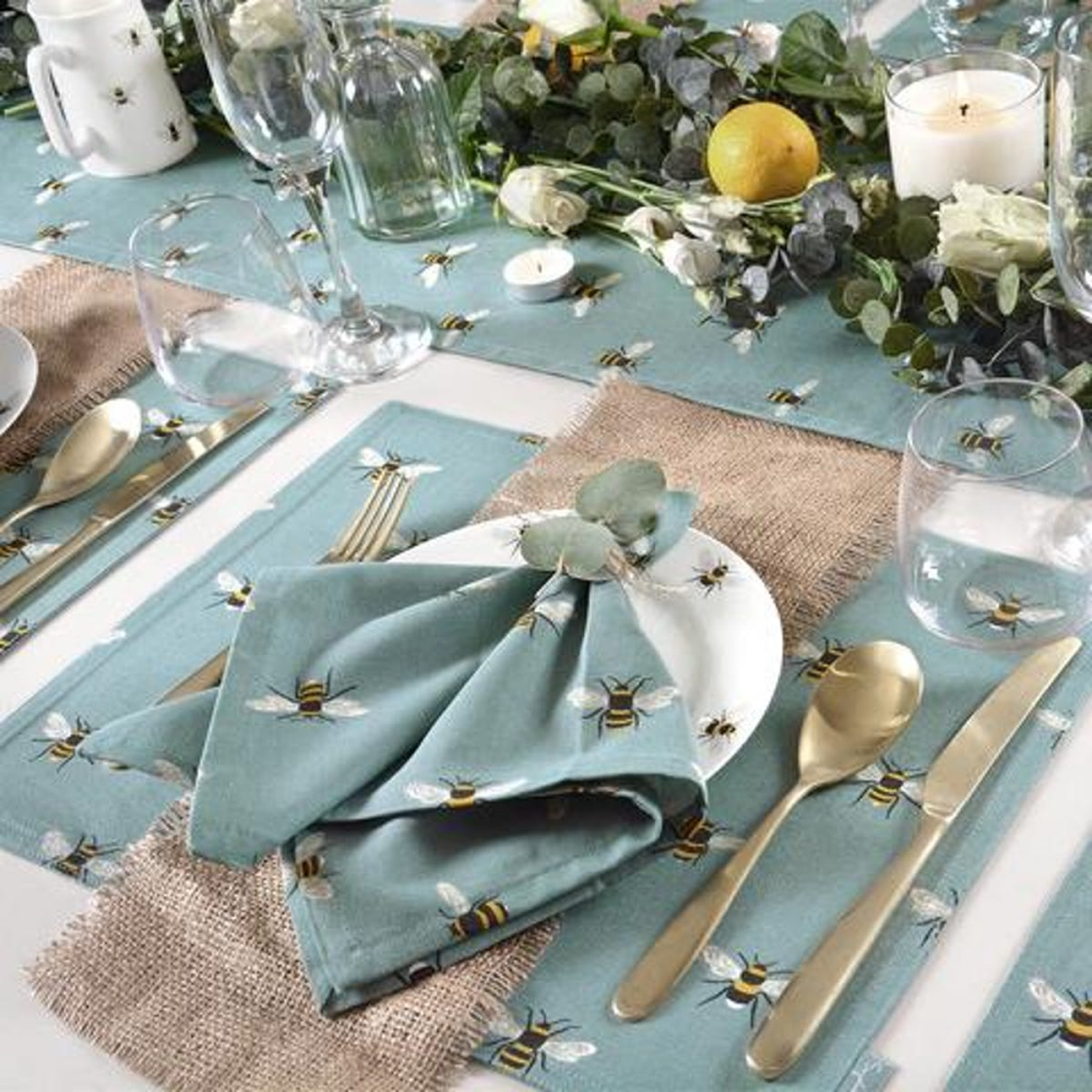 Bees Fabric Placemat, Teal-0