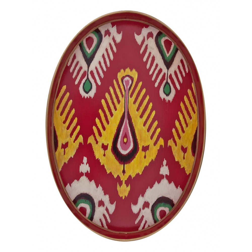 Ikat Oval Handpainted Iron Tray, 48 x 39cm, Red-0