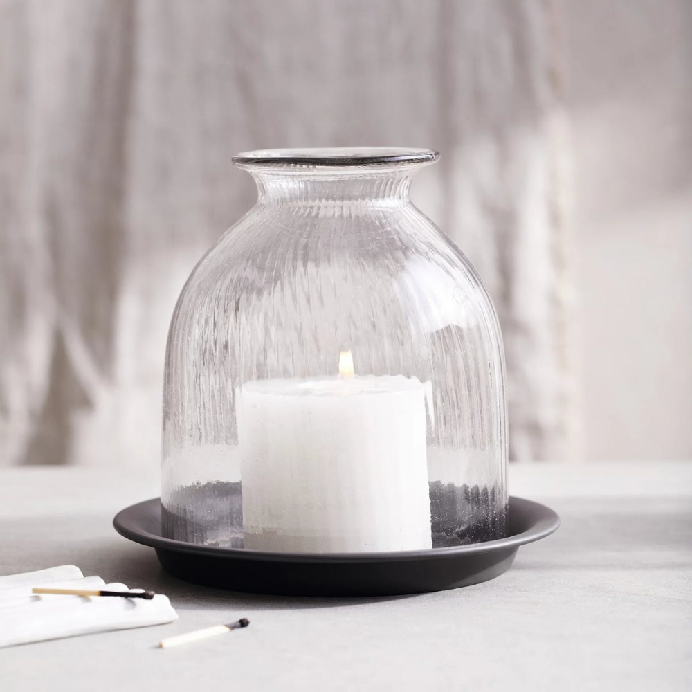 Candle Holder, Ribbed Dome Glass, Medium with Tray-0