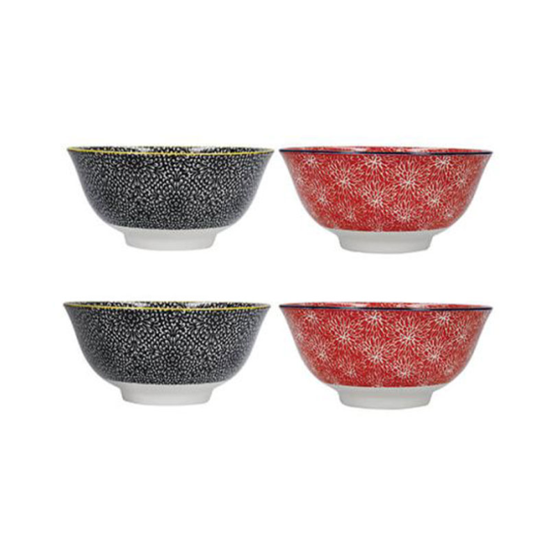 Floral Set of 4 Bowls, D15.5cm, Red/Black-2