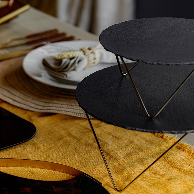 Two Tier  Slate Serving Stand, Black/Gold-4