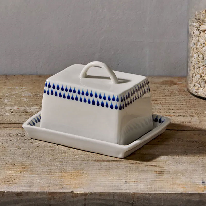 Indigo Drop Butter Dish, Cream & Blue-3