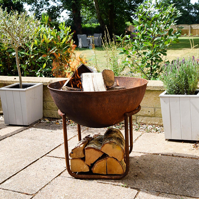 Outdoor cast iron firebowl on stand, W57cm, Rust-2