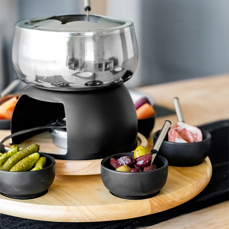 6 Person Party Fondue Set, Stainless Steel/Black Glaze-5