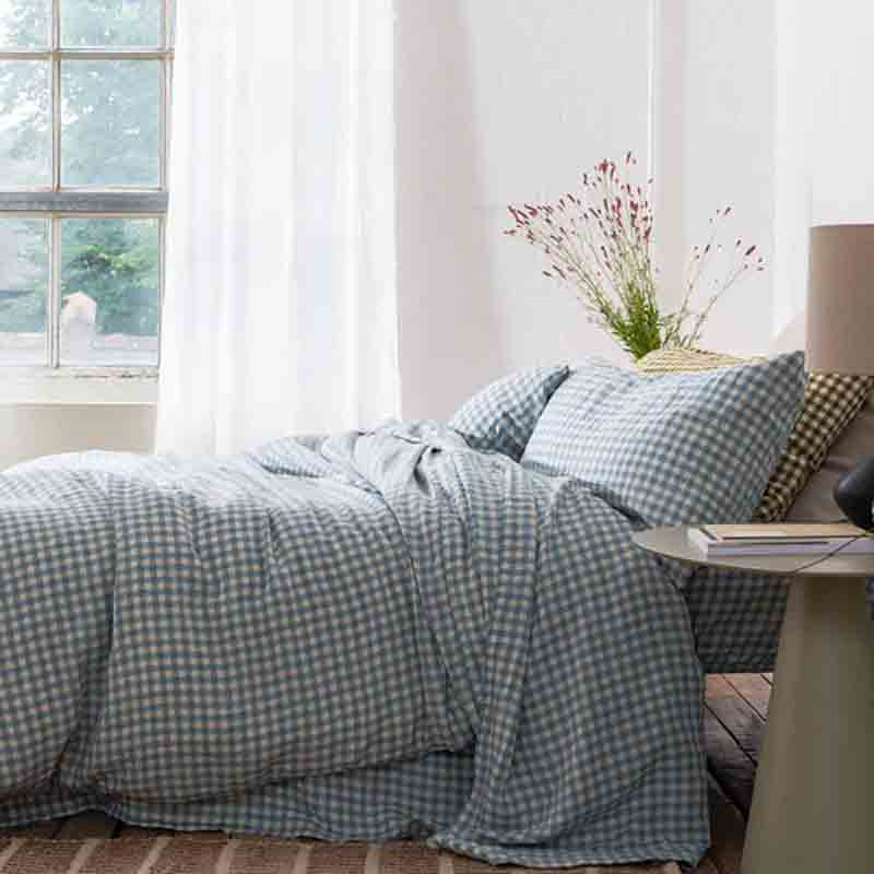 Gingham Pair of Super King Linen Pillowcases, Warm Blue-0