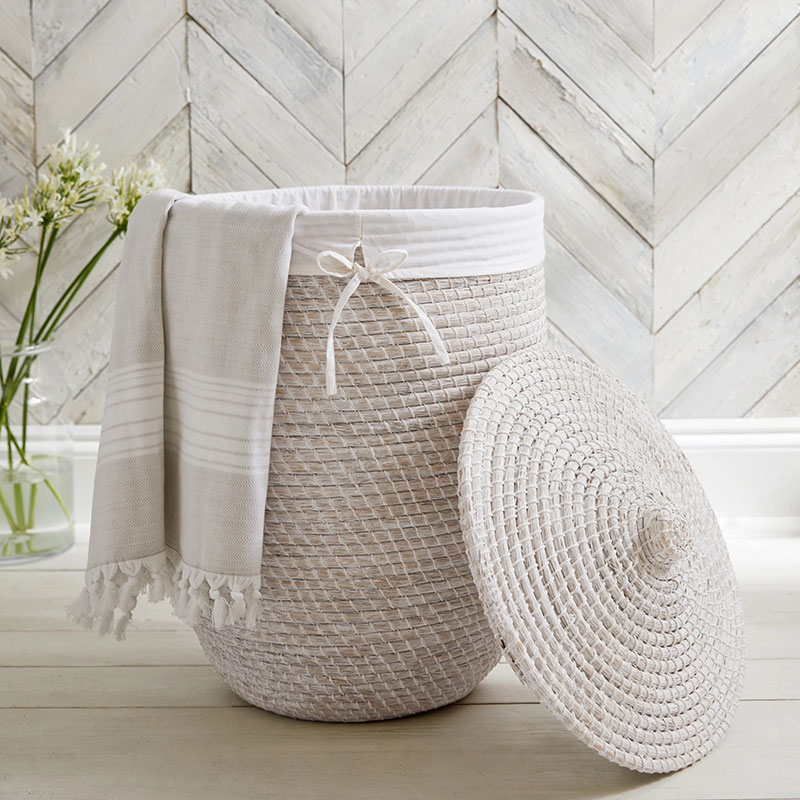 Woven Seagrass Laundry Basket, H64cm x D46cm, White-0