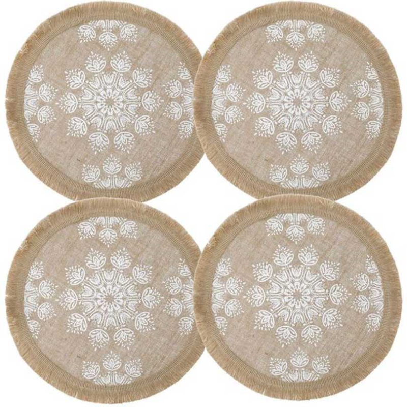 Leaf Hessian Jute Set of 4 Woven Placemats, D42cm, White-0