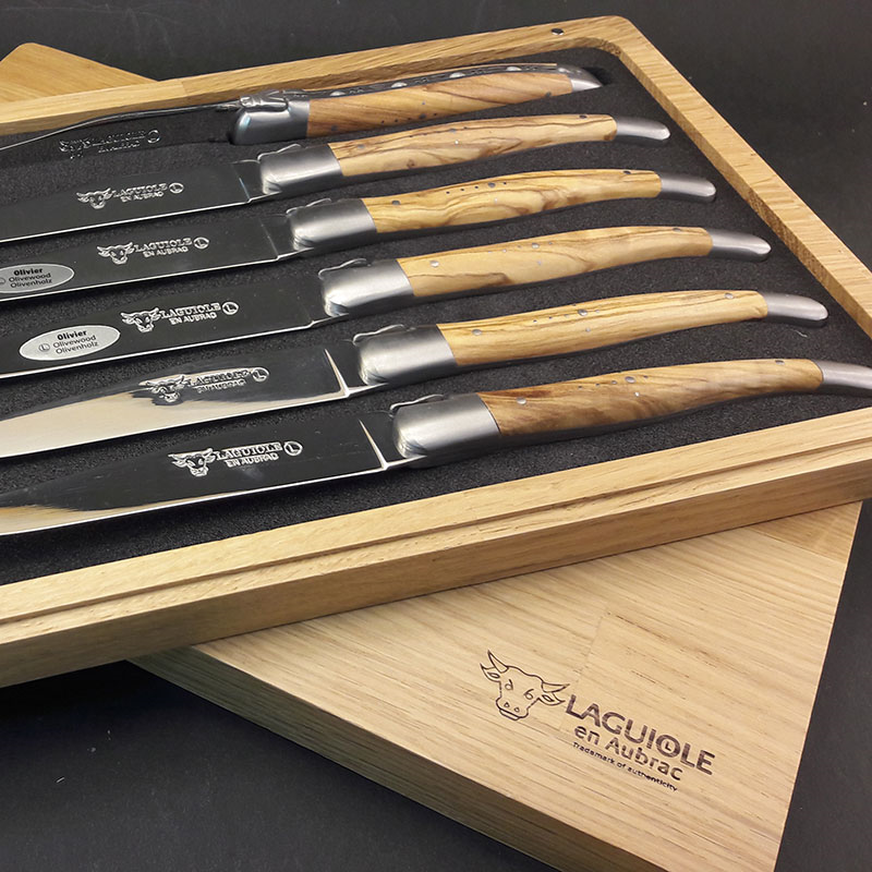 Set of 6 Laguiole Steak Knives, Olive Wood Handles-3