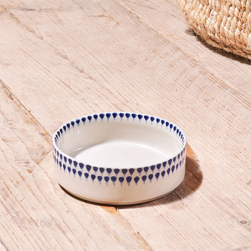 Indigo Drop Ceramic Pet Bowl, D12cm, Cream-3