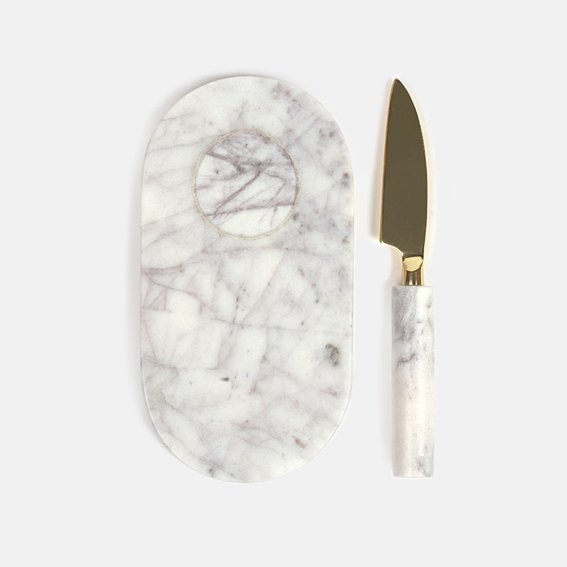 Jermyn Chopping Board with Small Knife, White Marble-1