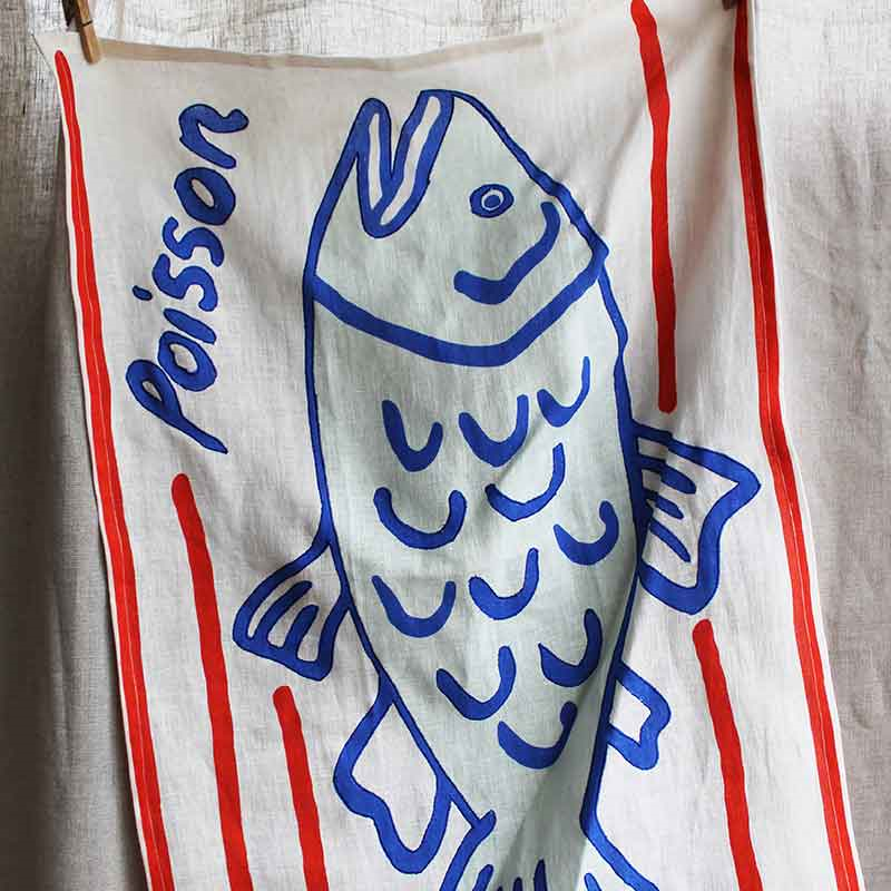 Poisson Embroidered Tea Towel, 50 x 70cm, Blue/White-0