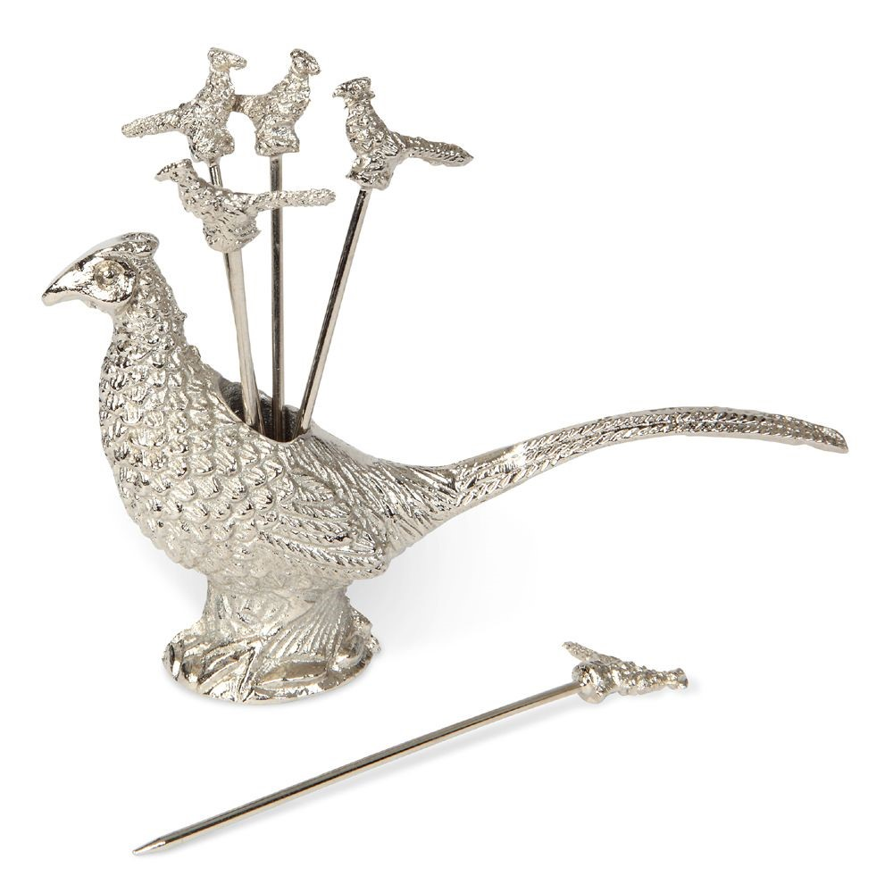 Pheasant Set of 4 cocktail picks and pheasant holder, H13 x W1.3 x L2.3cm, silver plated-0