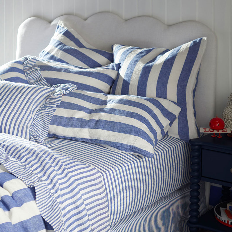 Cora Stripe Linen Fitted Sheet, Double, Cobalt-1