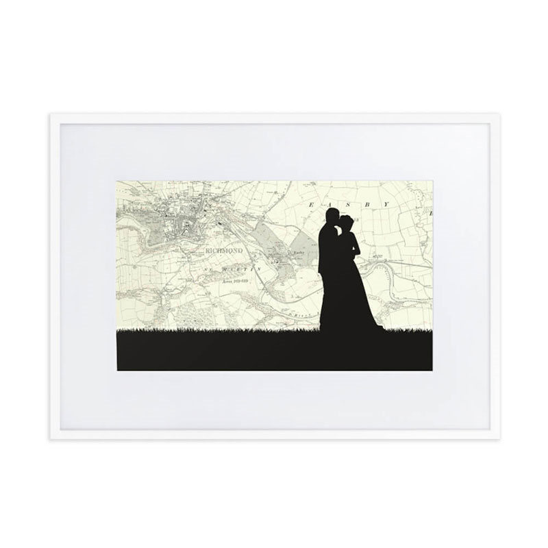 Personalised Map Print with Wedding Silhouette Voucher, 40 x 30cm, White Frame-1