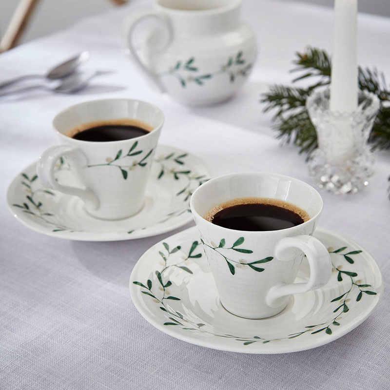 Mistletoe Pair of espresso cup & saucers, 80ml, White/ Green-1