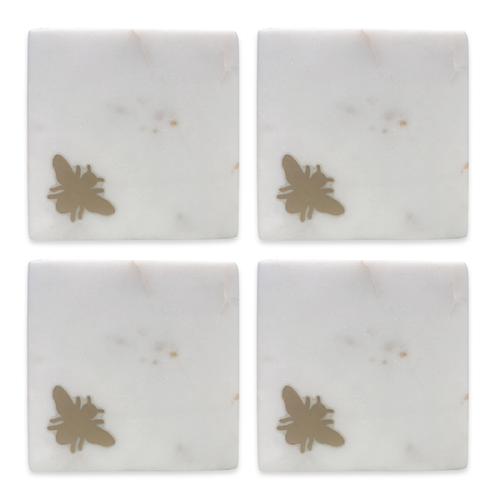 Bee Set of 4 Coasters, L10cm x W10cm, White-1