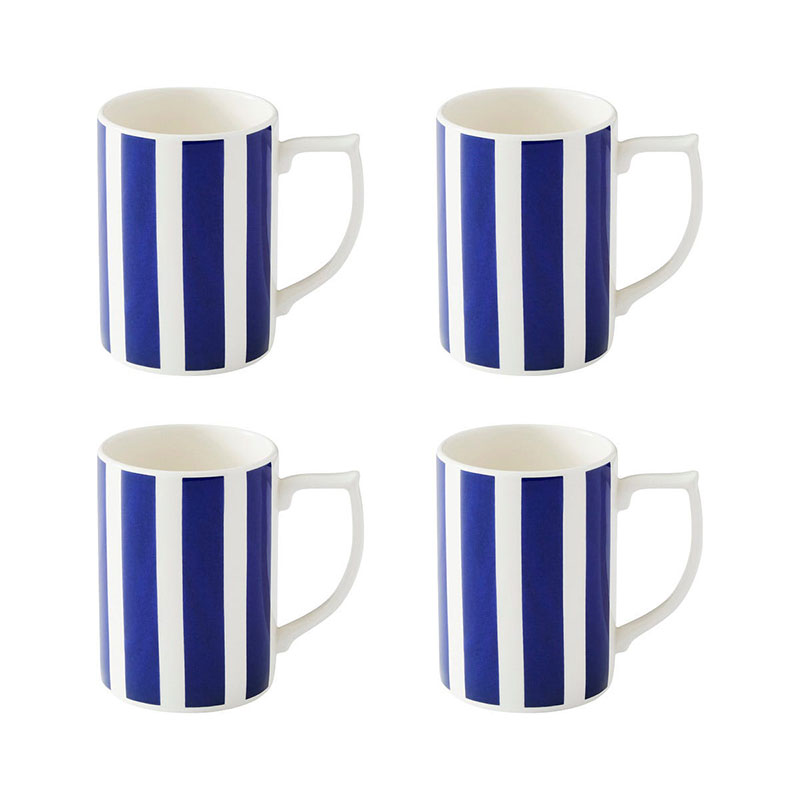 Stecatto Set of 4 Mugs, 340ml, White and Blue Bold Stripe-1