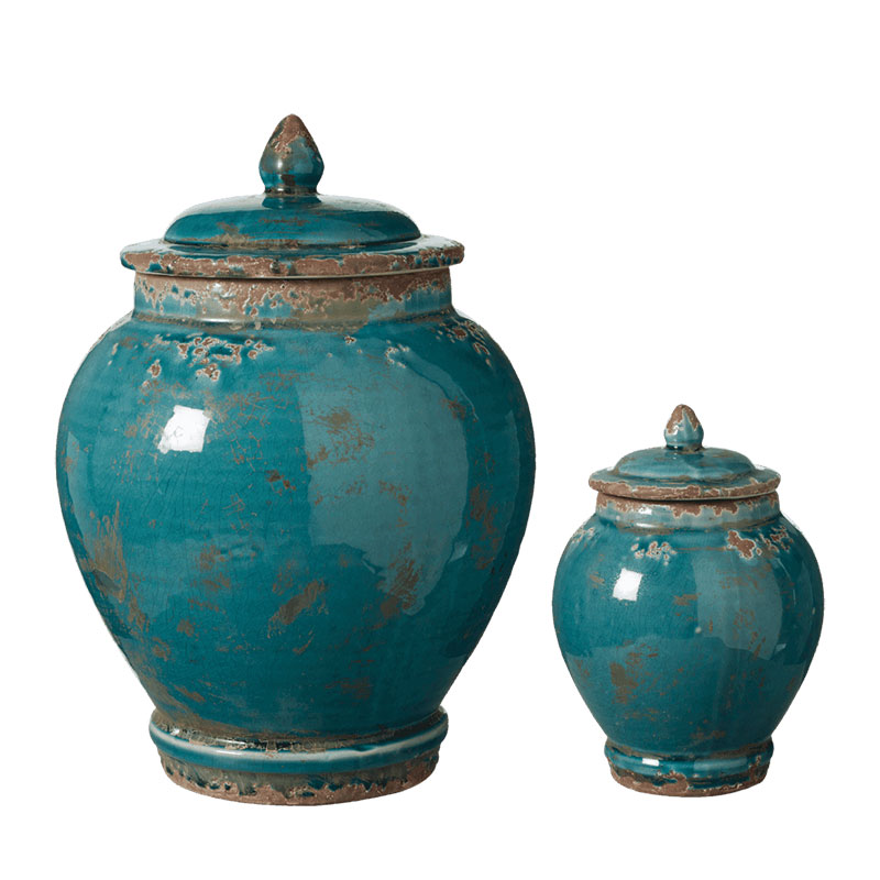 Zion Lidded Set of 2 Urns, large H32 x D23cm - small H19 x D13cm, Aruba Blue-0