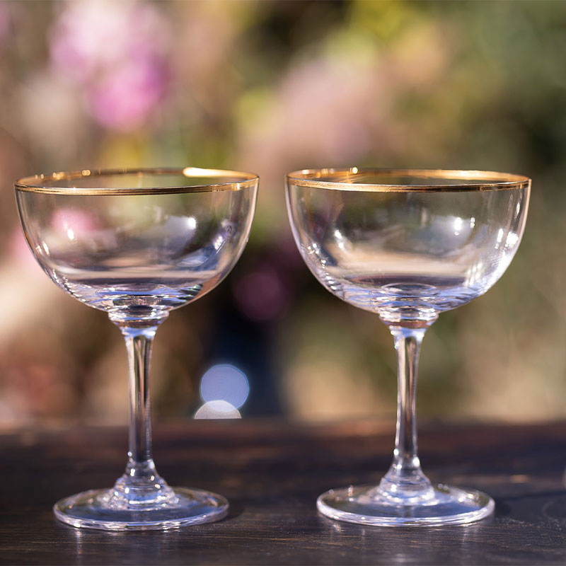 Gold Rims Set of 2 Crystal Champagne Saucers, 150ml, Clear/Gold-1