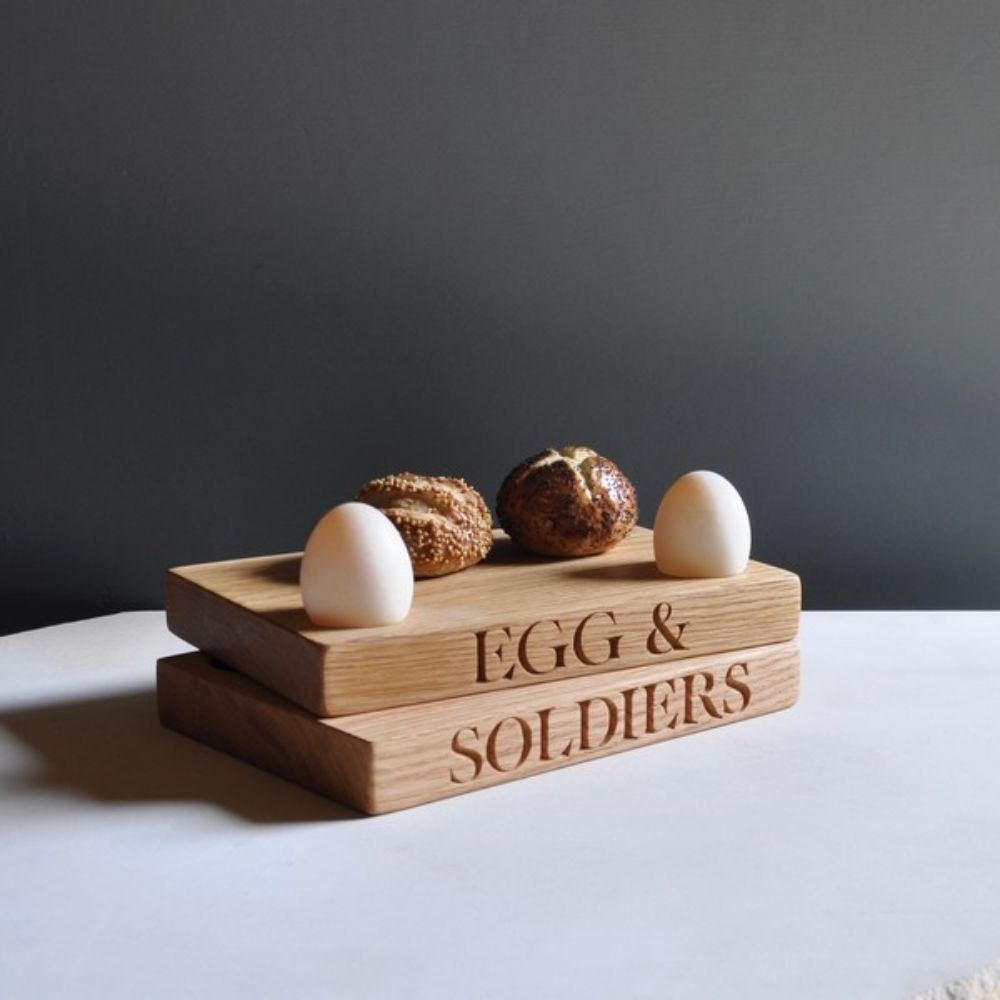 Engraved Egg Cup/Board, 'Egg & Soldiers', Oak, 23 x 16 x 3cm-0