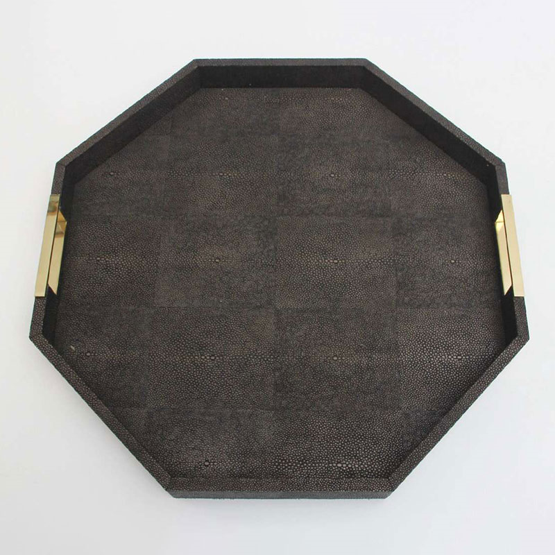 Holmes Octagonal Tray, D50cm, Seal Brown Shagreen-2