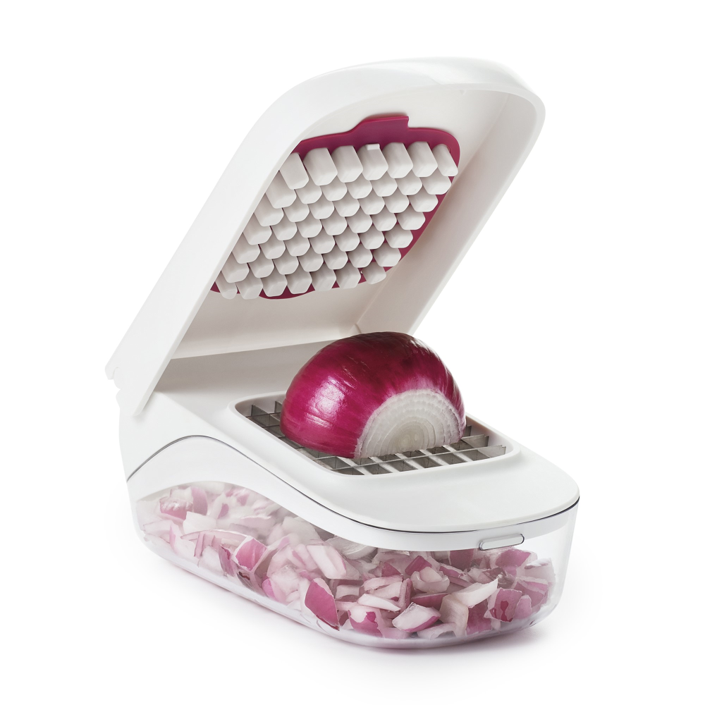 Vegetable chopper with easy pour opening-8