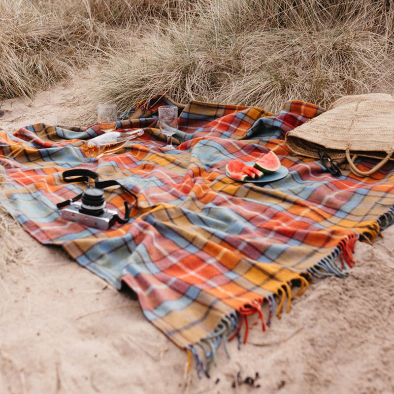 Recycled Wool Picnic Blanket with Brown Leather Carrier, 140 x 190cm, Buchanan Antique Tartan-2