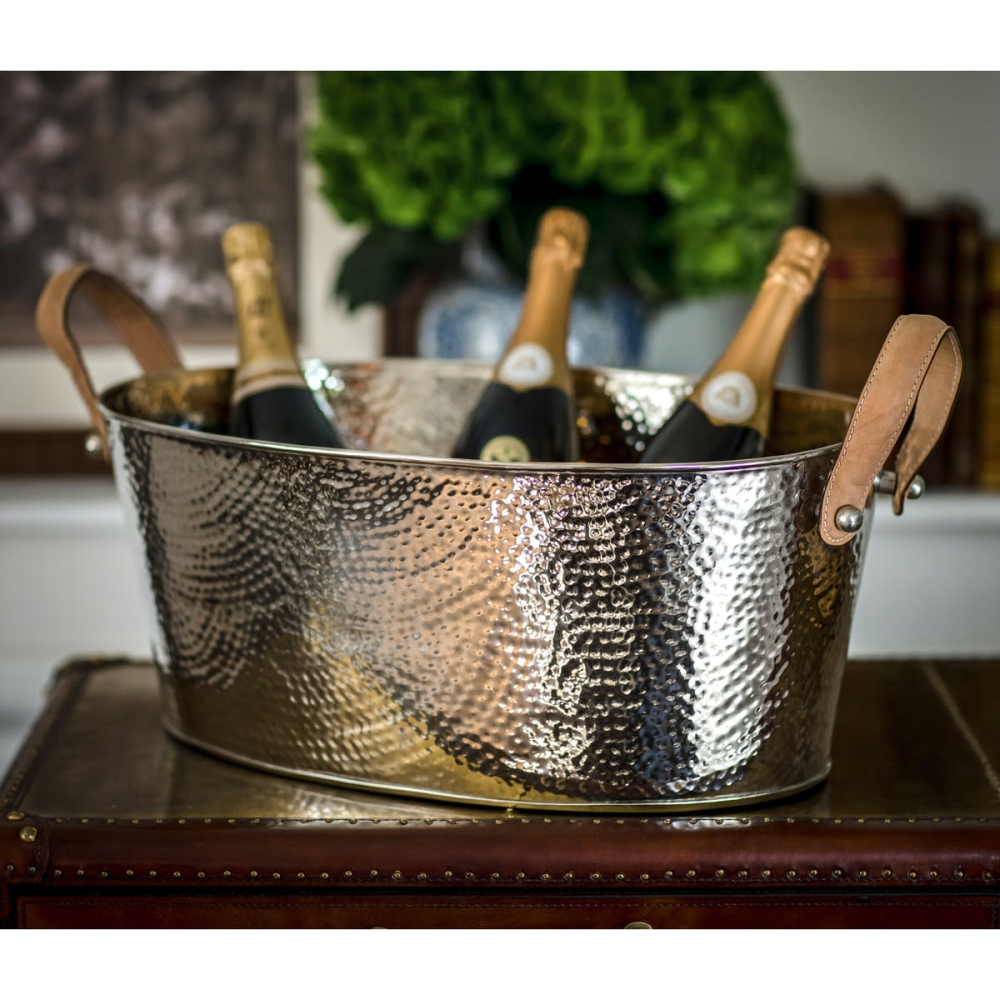 Hammered Champagne bath with leather handle, 21 x 53 x 35cm, Nickel Plate And Leather-1