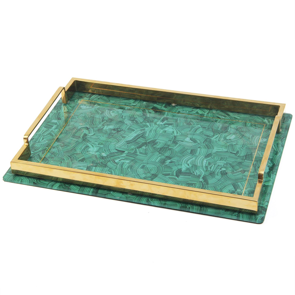 Drinks Tray, Alexandra Malachite, Glass  & Rose Gold plated handles-0