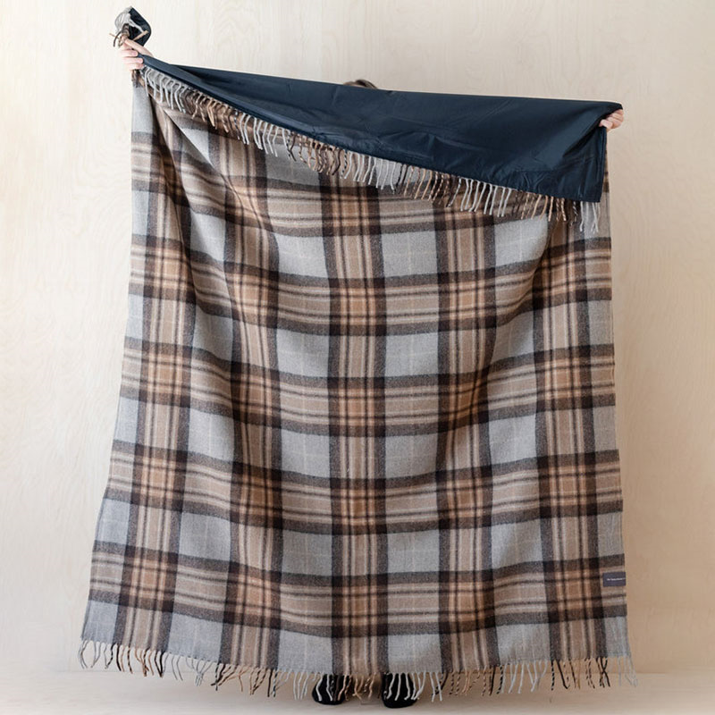 Recycled Wool Picnic Blanket with Brown Leather Carrier, 140 x 190cm, Mackellar Tartan-2