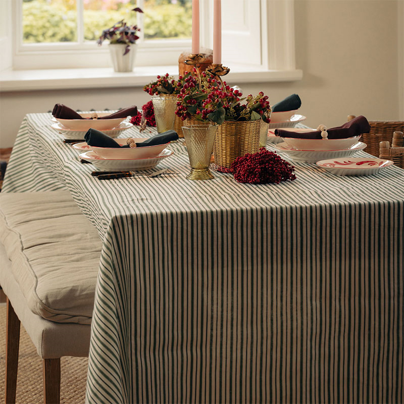 Victoria Striped Linen Tablecloth, 160 x 260cm, Fir Green-2