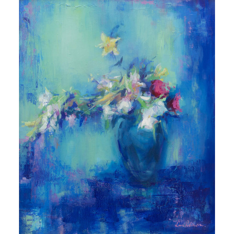 Bouquet in Blue Vase Framed Oil Painting on Canvas, 63.5 x 76cm, Blue-1