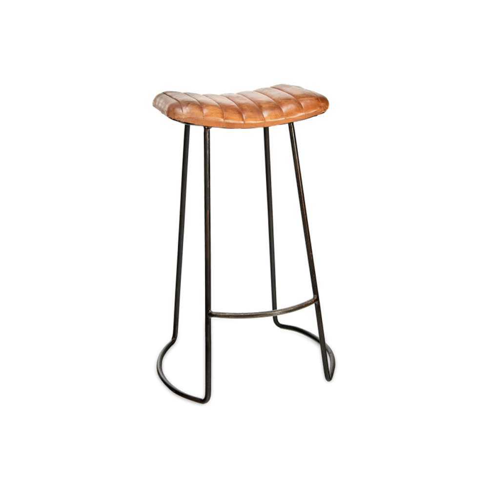 Narwana Ribbed Leather Stool, H75cm, Aged Leather and Iron-2