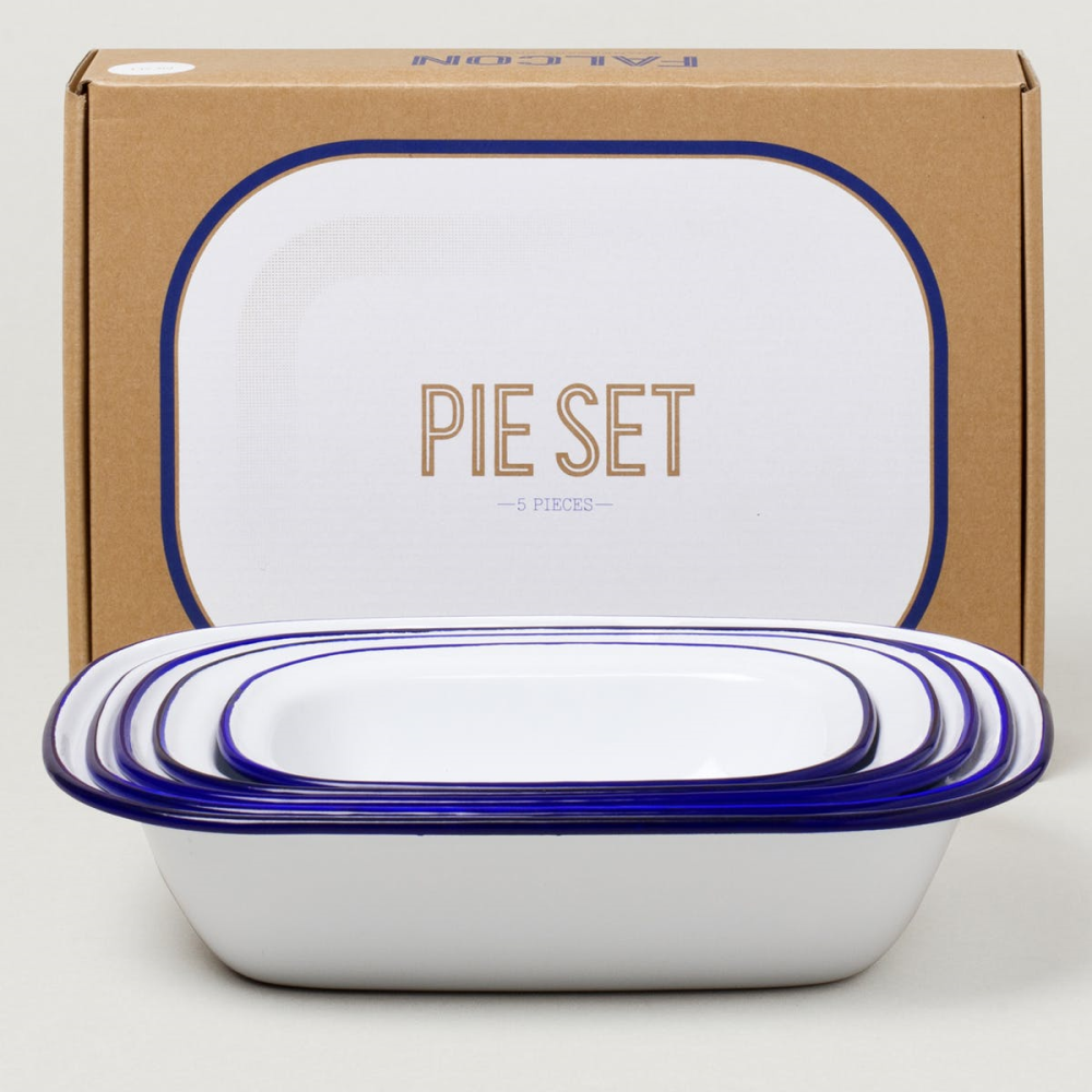 Enamel pie set, White With Blue Rim-0