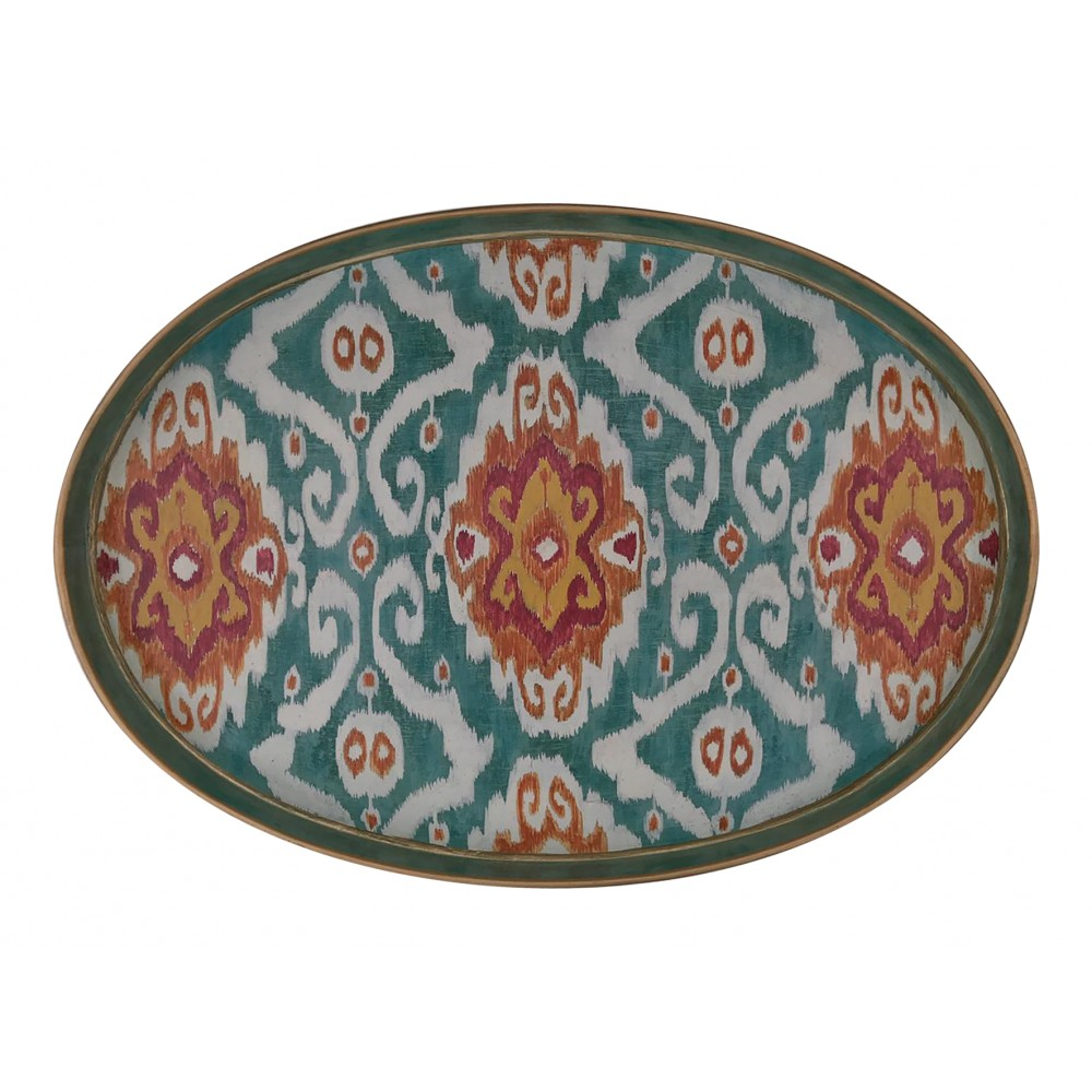 Ikat Oval Handpainted Iron Tray, 48 x 39cm, Blue-1