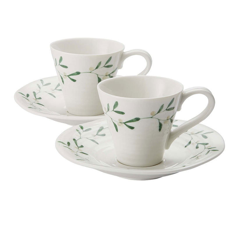 Mistletoe Pair of espresso cup & saucers, 80ml, White/ Green-0