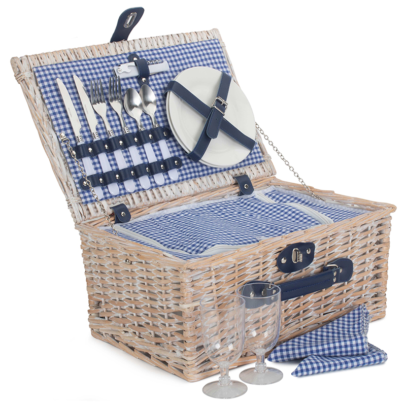 Gingham 2 Person Fitted Hamper, Blue & White-0