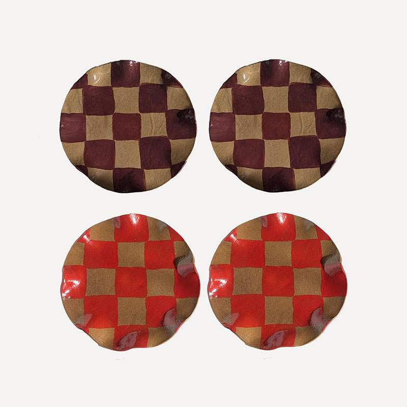 Rosie Gore Set of 4 Wavy Check Side Plates, D18cm, Red & Burgundy-1