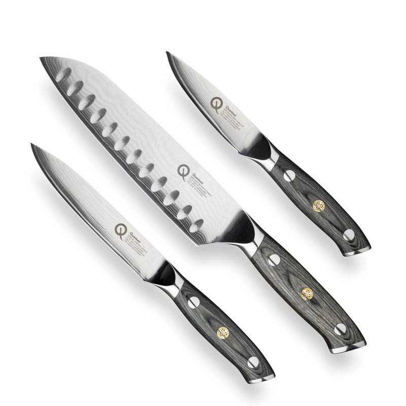 Q30 Series 3 Piece Damascus Steel Paring, All Purpose & 17.5cm Santoku Knife Set, Black-1