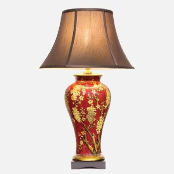 Porcelain Lamp & Dark Shade, Jasmine Blossom, Red, 71cm, Set of 2-0