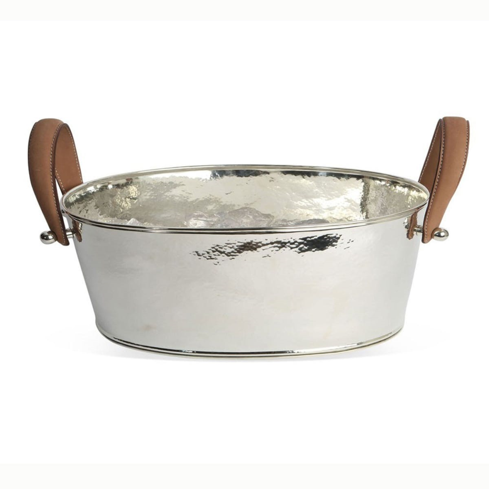 Hammered Champagne bath with leather handle, 21 x 53 x 35cm, Nickel Plate And Leather-0