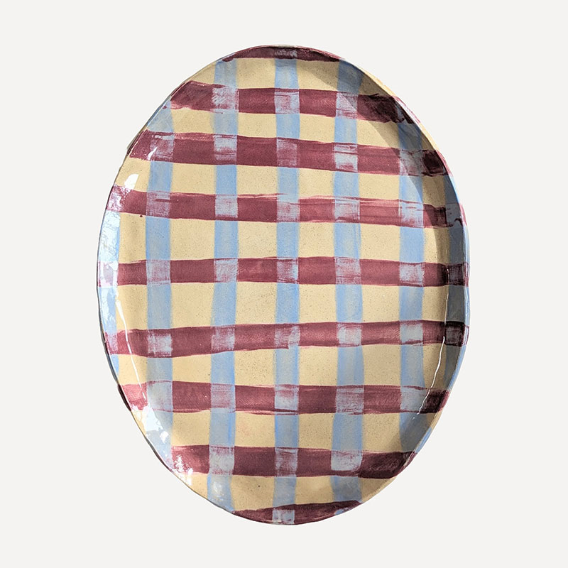 Rosie Gore Gingham Oval Platter, 26cm x 32cm, Baby Blue & Burgundy-1