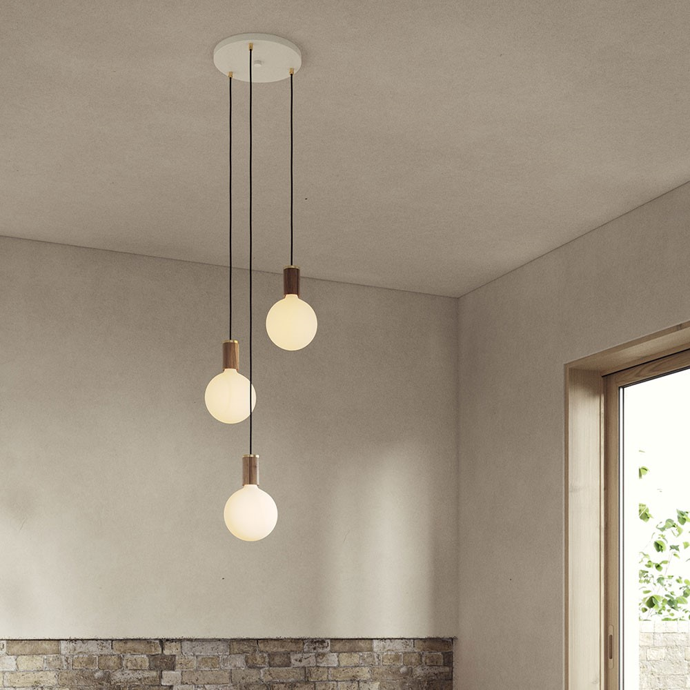 Canopy & Sphere Bulb Triple ceiling plate & pendant set, H400 x W25cm, White & Walnut-0