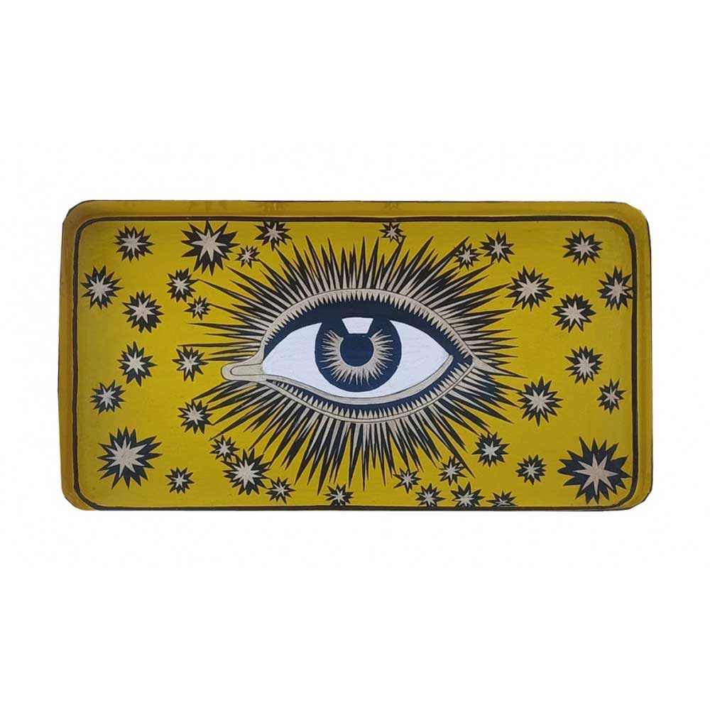 Eye Rectangular Handpainted Iron Tray, 32 x 17cm, Yellow-0