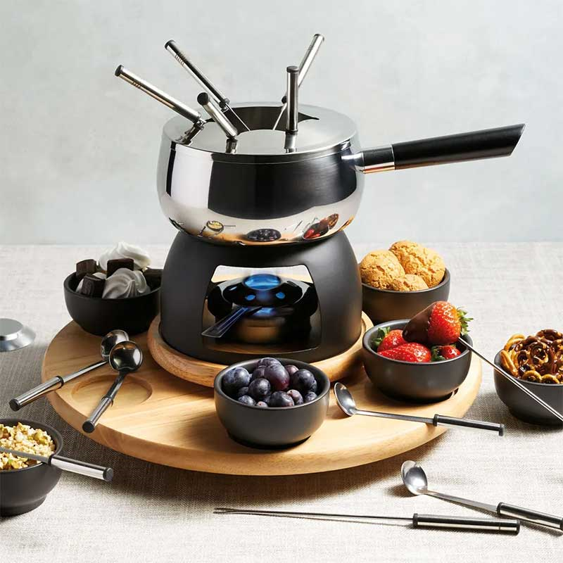 6 Person Party Fondue Set, Stainless Steel/Black Glaze-0