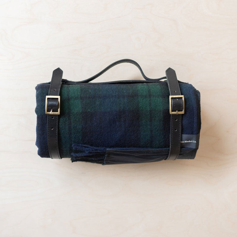 Recycled Wool Picnic Blanket with Black Leather Carrier, 140 x 190cm, Black Watch Tartan-0