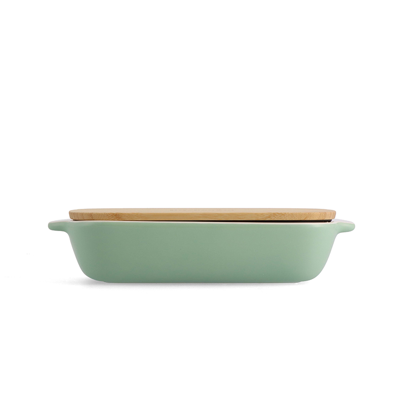 Stoneware Dish with Bamboo Lid, 26cm, Pistachio-0